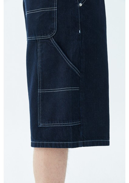 Dikiş Detaylı Bermuda Denim Şort-Mavi