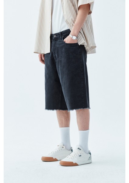 Etnik Desenli Bermuda Denim Şort-Siyah