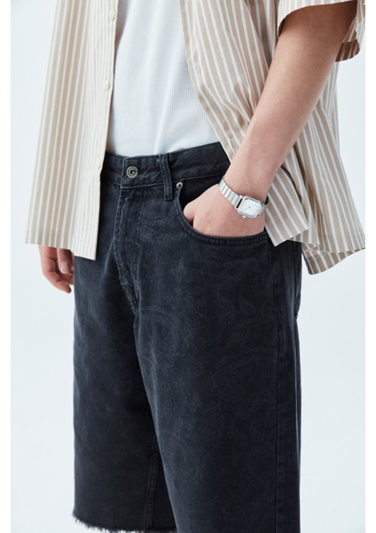 Etnik Desenli Bermuda Denim Şort-Siyah fırsatları