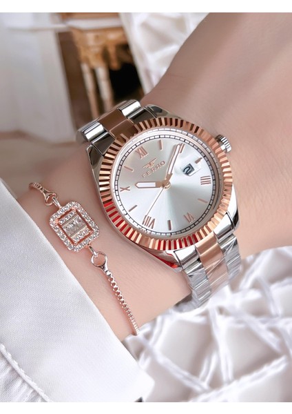 Hasır Kordonlu Gümüş/rose Kararmaz Renk Atmaz 3 Atm Özel Tasarım Kadın Kol Saati BF21127-E