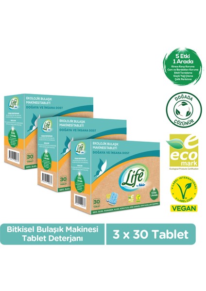 Life by Fakir Vegan Bitkisel Bulaşık Makinesi Tablet Deterjanı 30'lu x 3 Adet