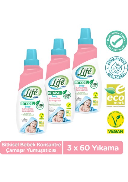 Life by Fakir Vegan Bitkisel Konsantre Bebek Çamaşır Yumuşatıcısı 1500 ml x 3 Adet