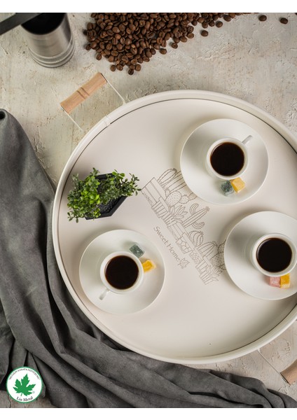 Ahşap Kulplu Yuvarlak Metal Servis Tepsisi 37CM, Kahve Tepsisi, Sunum Tepsisi (Kaktüs Baskılı)