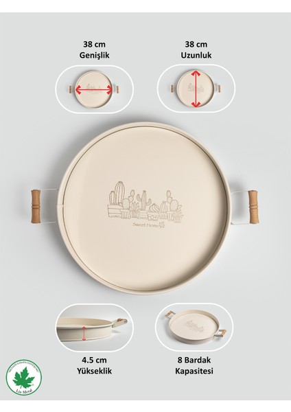 Ahşap Kulplu Yuvarlak Metal Servis Tepsisi 37CM, Kahve Tepsisi, Sunum Tepsisi (Kaktüs Baskılı)