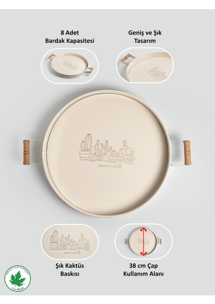 Ahşap Kulplu Yuvarlak Metal Servis Tepsisi 37CM, Kahve Tepsisi, Sunum Tepsisi (Kaktüs Baskılı)