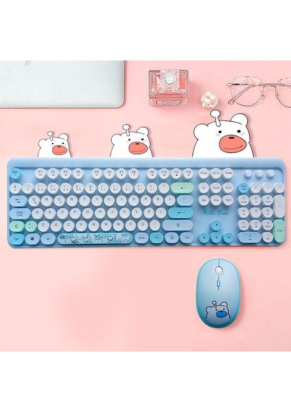 Mofii Ayıcık Desenli Kablosuz Renkli Yuvarlak Tuşlu Türkçe Klavye Mouse SET-AL4258