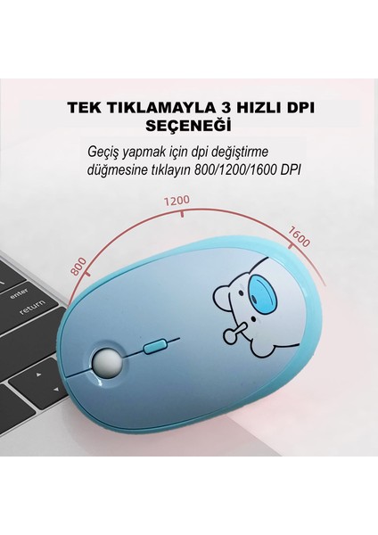 Mofii Ayıcık Desenli Kablosuz Renkli Yuvarlak Tuşlu Türkçe Klavye Mouse SET-AL4258