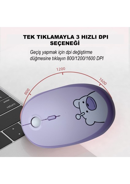 Mofii Ayıcık Desenli Kablosuz Renkli Yuvarlak Tuşlu Türkçe Klavye Mouse SET-AL4258