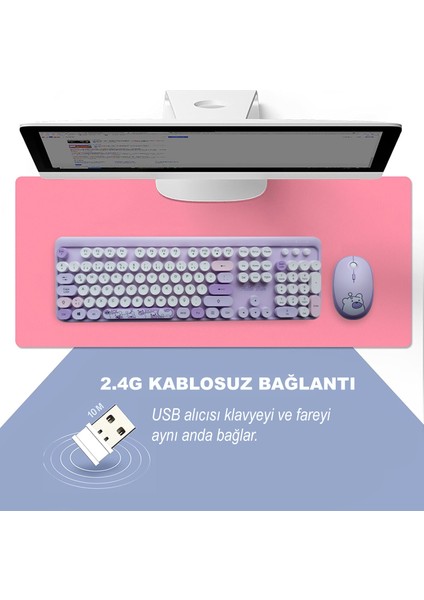 Mofii Ayıcık Desenli Kablosuz Renkli Yuvarlak Tuşlu Türkçe Klavye Mouse SET-AL4258