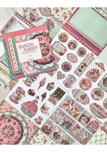 Hanging Garden Vintage Dönemi Tatlılar Desenli 5 Yaprak Sticker ve 20 Yaprak Desenli Scrapbook Kağıt