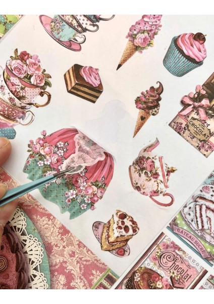 Hanging Garden Vintage Dönemi Tatlılar Desenli 5 Yaprak Sticker ve 20 Yaprak Desenli Scrapbook Kağıt