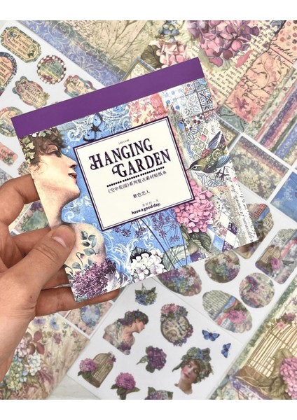 Hanging Garden Vintage Dönemi Çiçek Desenli 5 Yaprak Sticker ve 20 Yaprak Desenli Scrapbook Kağıt