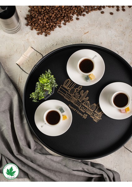 Ahşap Kulplu Yuvarlak Metal Servis Tepsisi 37CM, Kahve Tepsisi, Sunum Tepsisi (Kaktüs Baskılı)