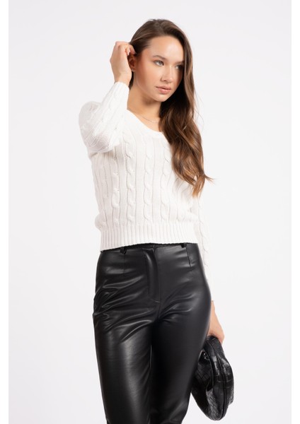 Rtd&vld Kadın VT112 V Yaka Örgü Desen Triko Kazak Beyaz modelleri