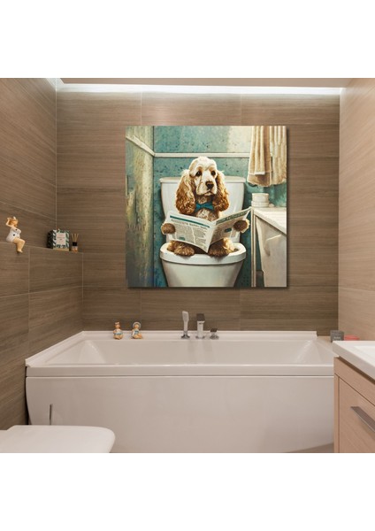 Tekli Kare Kanvas Banyo Tablosu Gazete Okuyan Cocker Spaniel