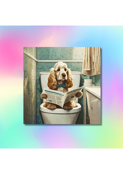 Tekli Kare Kanvas Banyo Tablosu Gazete Okuyan Cocker Spaniel modelleri