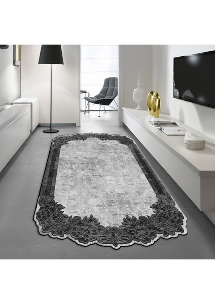 Dijital Baskılı Kaymaz Taban Yıkanabilir Lazer Kesim Salon Halısı Yolluk, V-Lazer-06-Gri,