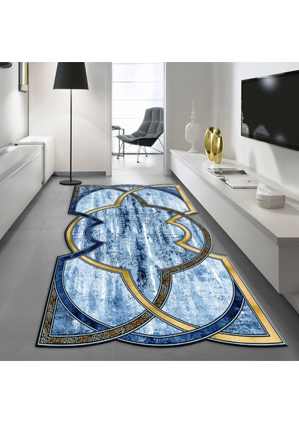 Dijital Baskılı Kaymaz Taban Yıkanabilir Lazer Kesim Salon Halısı Yolluk, V-Lazer-07-Mavi,