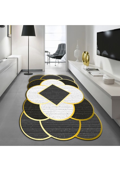 Dijital Baskılı Kaymaz Taban Yıkanabilir Lazer Kesim Salon Halısı Yolluk, V-Lazer-10-Siyah,