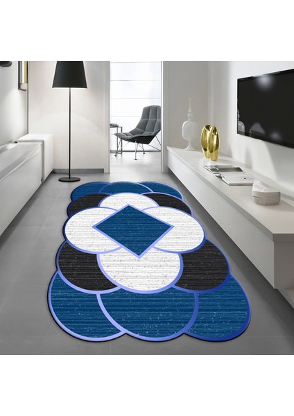 Dijital Baskılı Kaymaz Taban Yıkanabilir Lazer Kesim Salon Halısı Yolluk, V-Lazer-10-Mavi,