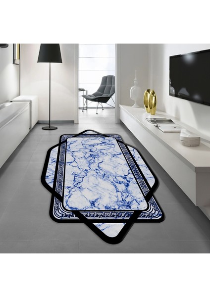 Dijital Baskılı Kaymaz Taban Yıkanabilir Lazer Kesim Salon Halısı Yolluk, V-Lazer-29-Mavi,