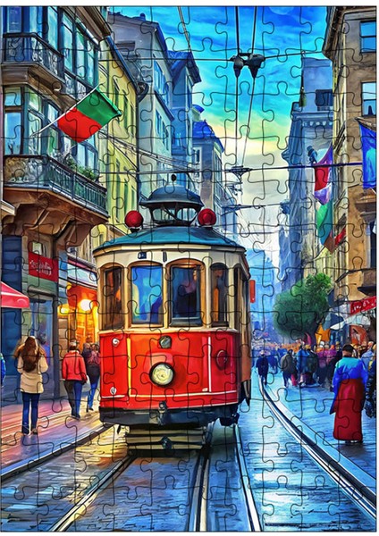 Ahşap Mdf Puzzle Yapboz Kırmızı Tramvay ve Şehir Merkezi 120 Parça 25*35 cm