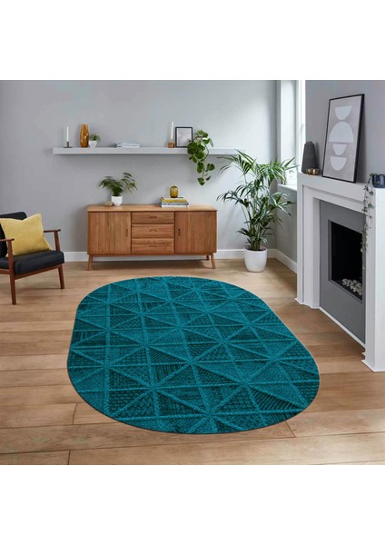 Dijital Baskılı Kaymaz Yıkanabilir Sade Desen Oval Yolluk Mutfak Salon Halısı, V-O-Sade-12-Mavi,