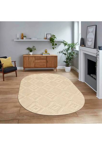 Dijital Baskılı Kaymaz Yıkanabilir Sade Desen Oval Yolluk Mutfak Salon Halısı, V-O-Sade-03-Bej,