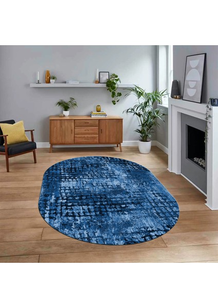 Dijital Baskılı Kaymaz Yıkanabilir Sade Desen Oval Yolluk Mutfak Salon Halısı, V-O-Sade-16-Mavi,