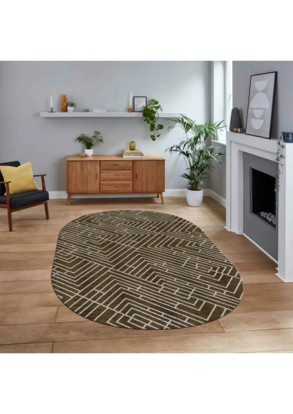 Dijital Baskılı Kaymaz Yıkanabilir Sade Desen Oval Yolluk Mutfak Salon Halısı, V-O-Sade-11-Kahve,