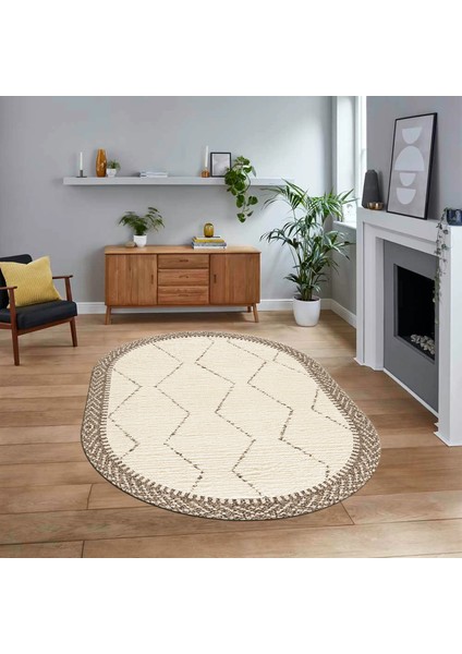 Dijital Baskılı Kaymaz Yıkanabilir Sade Desen Oval Yolluk Mutfak Salon Halısı, V-O-Sade-17-Krem,
