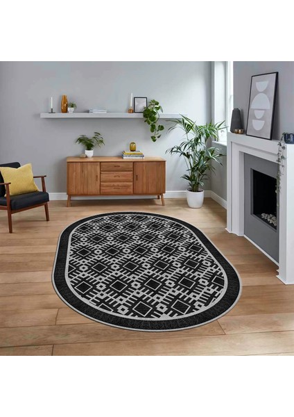 Dijital Baskılı Kaymaz Yıkanabilir Sade Desen Oval Yolluk Mutfak Salon Halısı, V-O-Sade-19-Siyah,