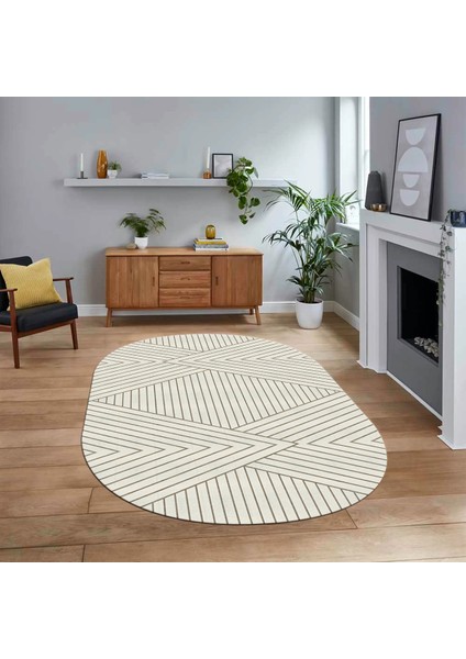 Dijital Baskılı Kaymaz Yıkanabilir Sade Desen Oval Yolluk Mutfak Salon Halısı, V-O-Sade-08-Krem,