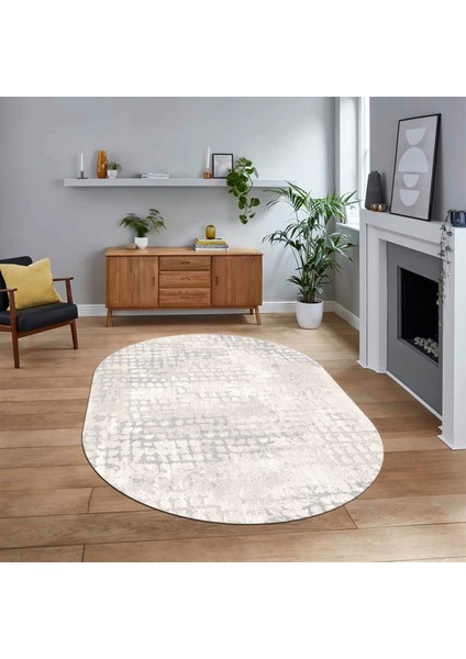Dijital Baskılı Kaymaz Yıkanabilir Sade Desen Oval Yolluk Mutfak Salon Halısı, V-O-Sade-16-Krem,