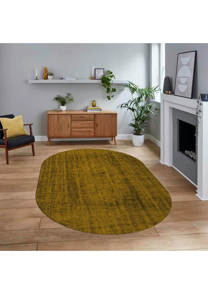 Dijital Baskılı Kaymaz Yıkanabilir Sade Desen Oval Yolluk Mutfak Salon Halısı, V-O-Sade-45-Sarı,
