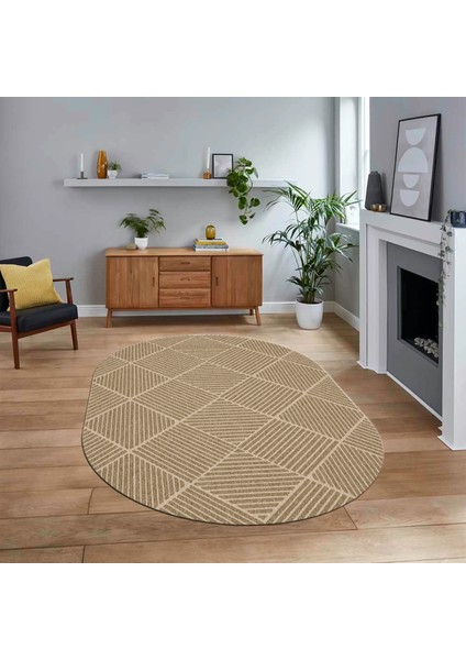 Dijital Baskılı Kaymaz Yıkanabilir Sade Desen Oval Yolluk Mutfak Salon Halısı, V-O-Sade-46-Kahve,