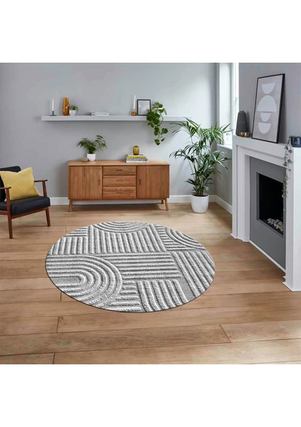 Dijital Baskılı Kaymaz Yıkanabilir Sade Desen Yuvarlak Mutfak Salon Halısı, V-Y-Sade-01-Gri,