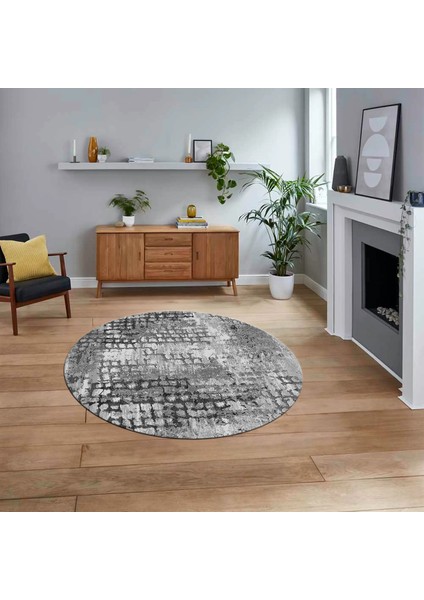Dijital Baskılı Kaymaz Yıkanabilir Sade Desen Yuvarlak Mutfak Salon Halısı, V-Y-Sade-16-Gri,
