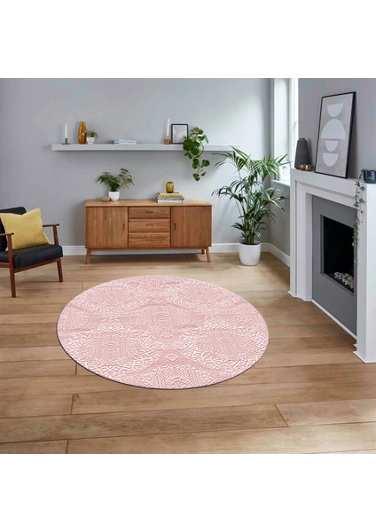 Dijital Baskılı Kaymaz Yıkanabilir Sade Desen Yuvarlak Mutfak Salon Halısı, V-Y-Sade-15-Pembe,