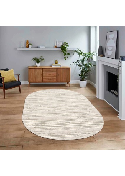 Dijital Baskılı Kaymaz Yıkanabilir Sade Desen Oval Yolluk Mutfak Salon Halısı, V-O-Sade-32-Krem,