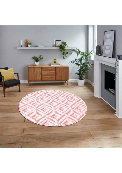 Dijital Baskılı Kaymaz Yıkanabilir Sade Desen Yuvarlak Mutfak Salon Halısı, V-Y-Sade-04-Pembe,