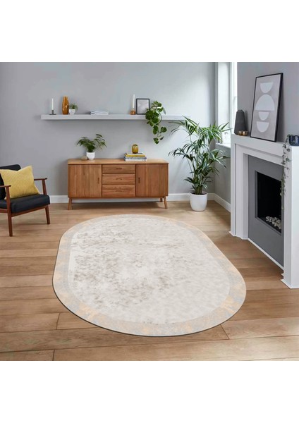 Dijital Baskılı Kaymaz Yıkanabilir Sade Desen Oval Yolluk Mutfak Salon Halısı, V-O-Sade-36-Krem,