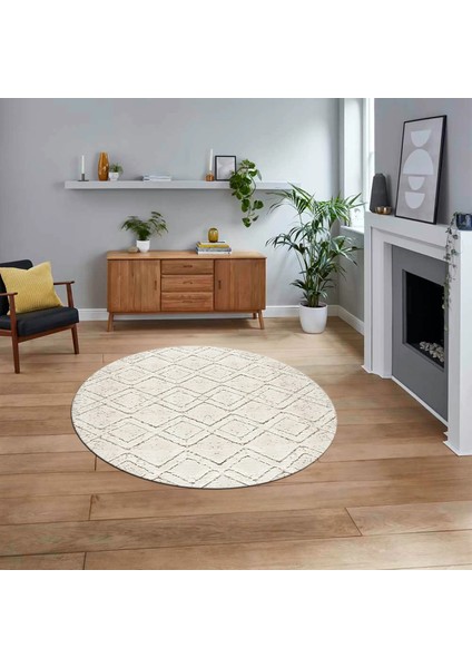 Dijital Baskılı Kaymaz Yıkanabilir Sade Desen Yuvarlak Mutfak Salon Halısı, V-Y-Sade-05-Krem,