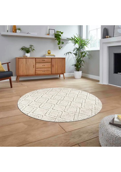 Dijital Baskılı Kaymaz Yıkanabilir Sade Desen Yuvarlak Mutfak Salon Halısı, V-Y-Sade-05-Krem,