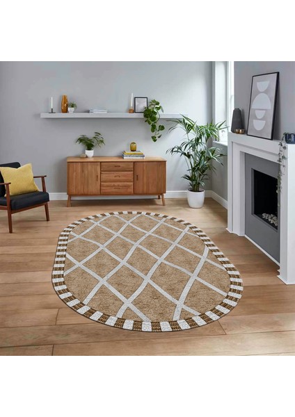 Dijital Baskılı Kaymaz Yıkanabilir Sade Desen Oval Yolluk Mutfak Salon Halısı, V-O-Sade-24-Kahve,