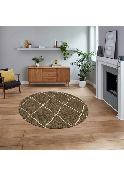 Dijital Baskılı Kaymaz Yıkanabilir Sade Desen Yuvarlak Mutfak Salon Halısı, V-Y-Sade-22-Kahve,