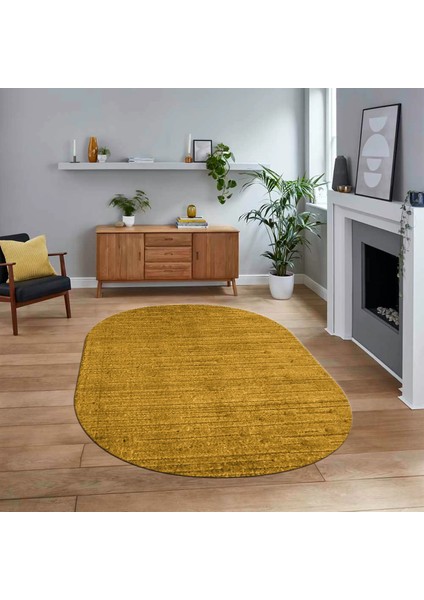 Dijital Baskılı Kaymaz Yıkanabilir Sade Desen Oval Yolluk Mutfak Salon Halısı, V-O-Sade-31-Sarı,