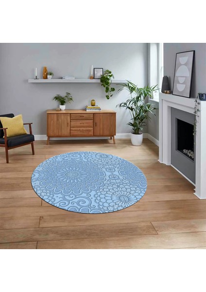 Dijital Baskılı Kaymaz Yıkanabilir Sade Desen Yuvarlak Mutfak Salon Halısı, V-Y-Sade-34-Mavi,