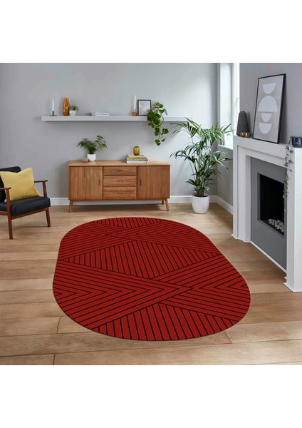 Dijital Baskılı Kaymaz Yıkanabilir Sade Desen Oval Yolluk Mutfak Salon Halısı, V-O-Sade-08-Kırmızı,