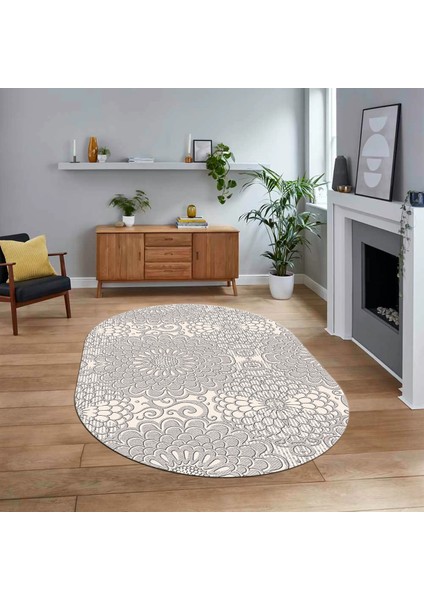 Dijital Baskılı Kaymaz Yıkanabilir Sade Desen Oval Yolluk Mutfak Salon Halısı, V-O-Sade-34-Krem,